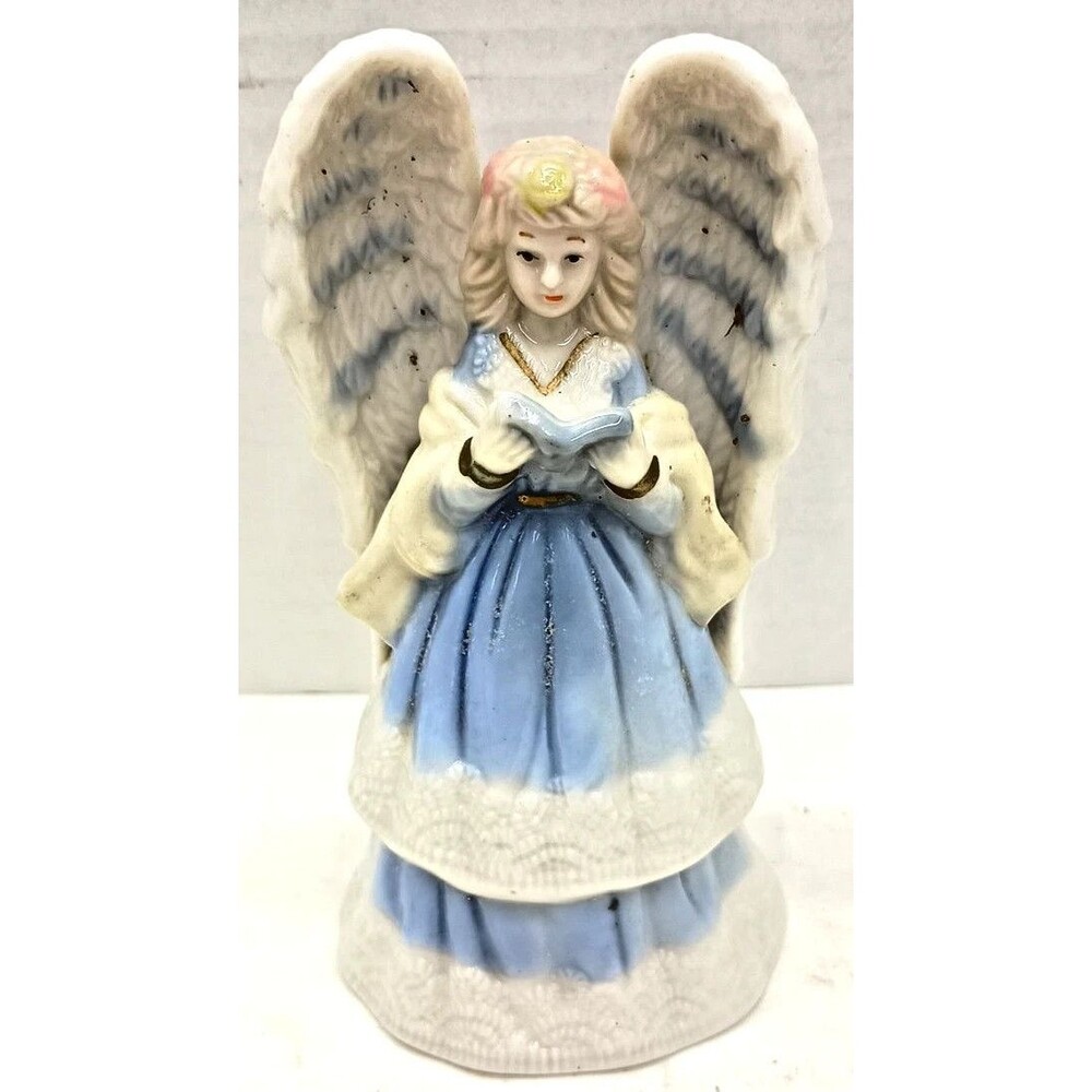 Decorative Porcelain Angel Bell with Harp, floral, blue, white lace dress hem